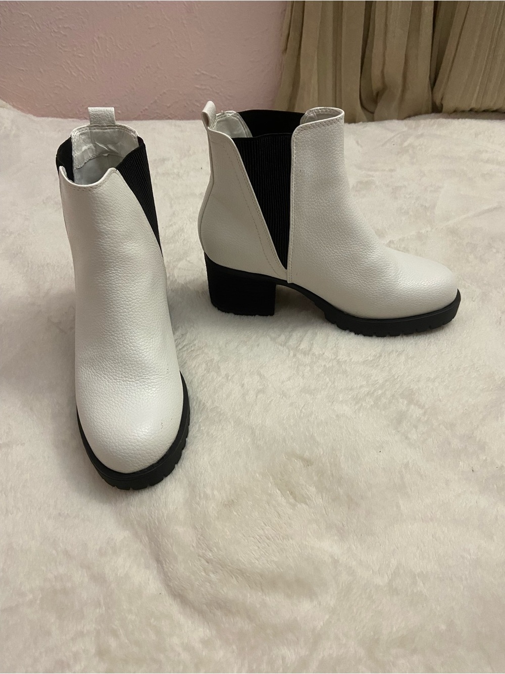 White Chelsea Booties with Black Elastic Panels